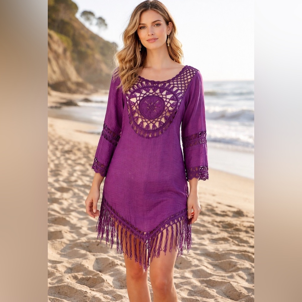 Aolro purple crochet tassel beach cover up dress